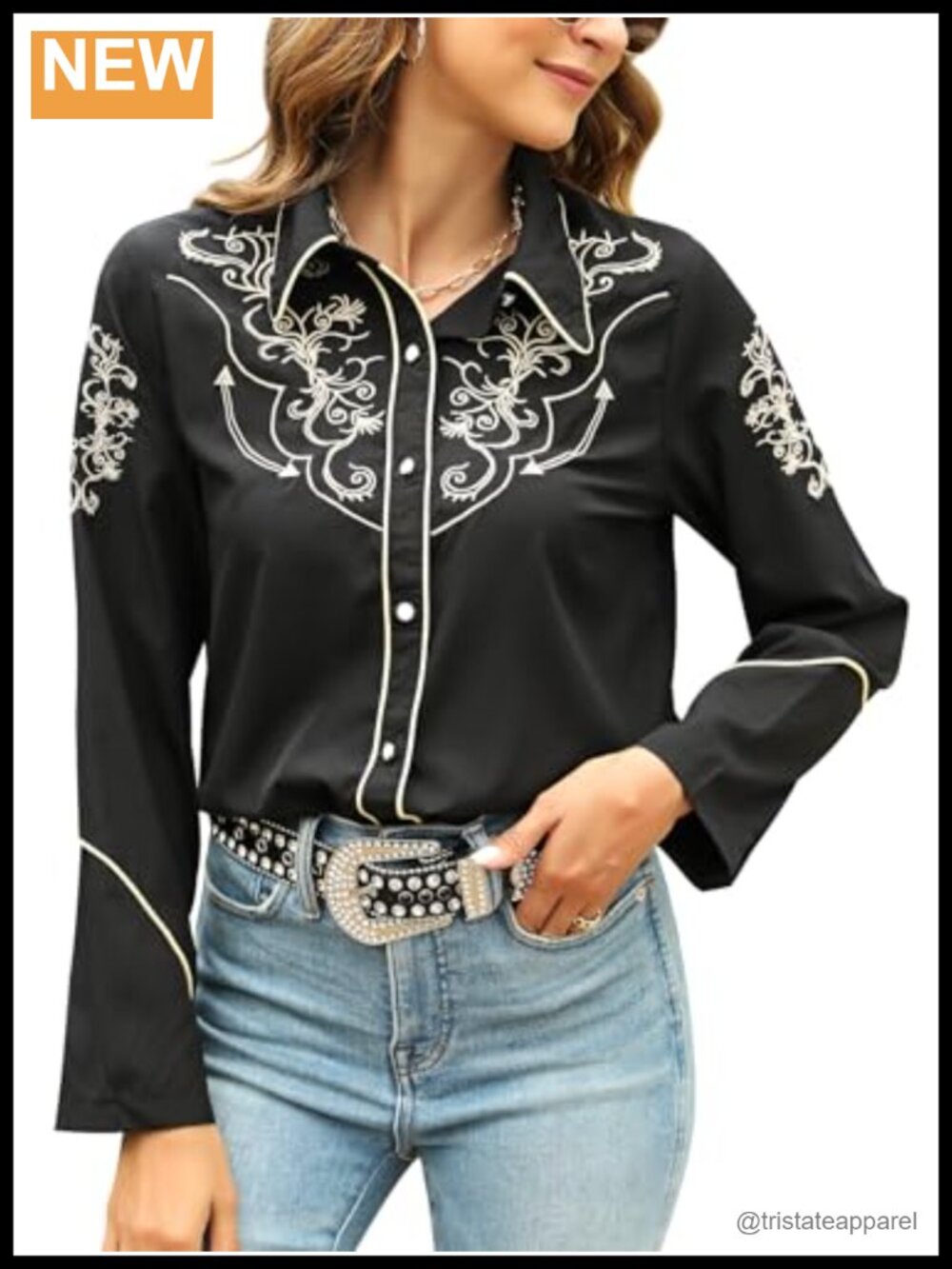 Women's Western Shirt Long Sleeve Black Embroidered Button Up Blouse Cowgirl